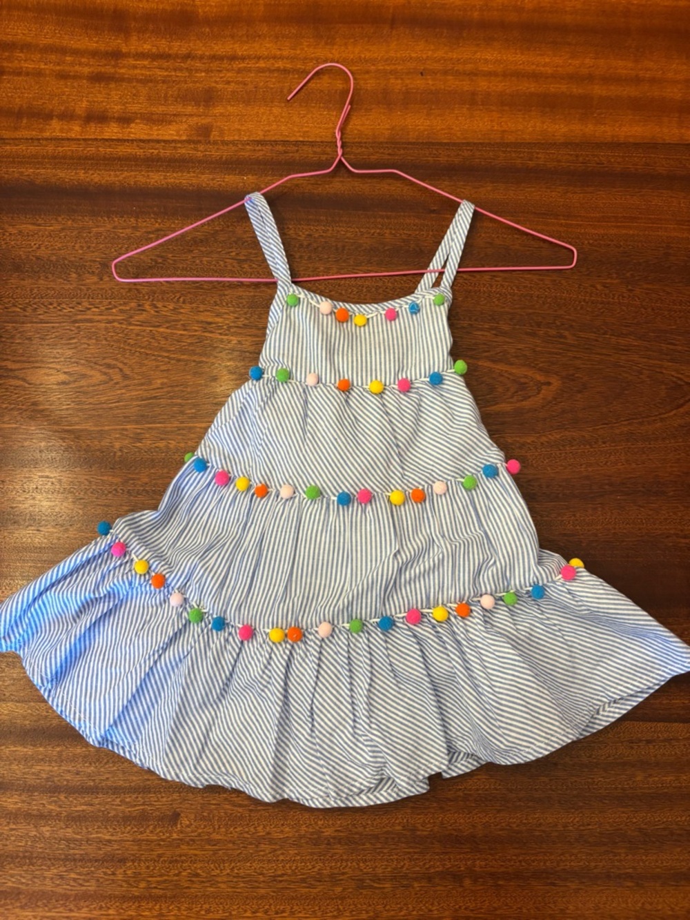 Tommy Bahama Blue and White Stripe Girls' Sundress with Multicolor Pom Poms